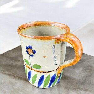 Hand Made Mexico Pottery Coffee Mug Cup With Painted Flower And Frog Vintage Cup
